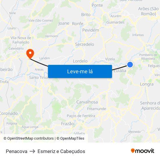 Penacova to Esmeriz e Cabeçudos map