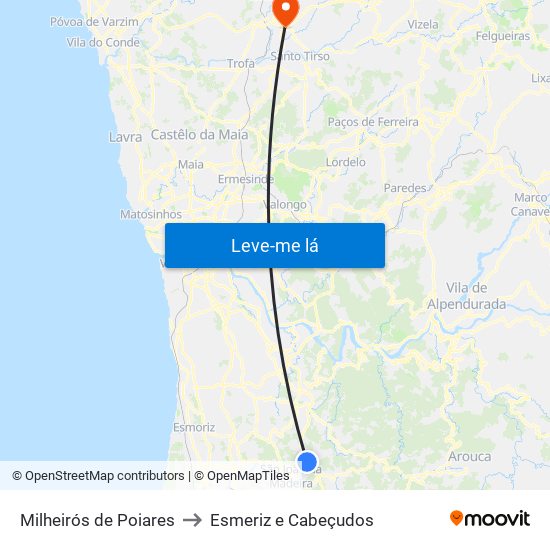 Milheirós de Poiares to Esmeriz e Cabeçudos map