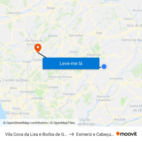 Vila Cova da Lixa e Borba de Godim to Esmeriz e Cabeçudos map