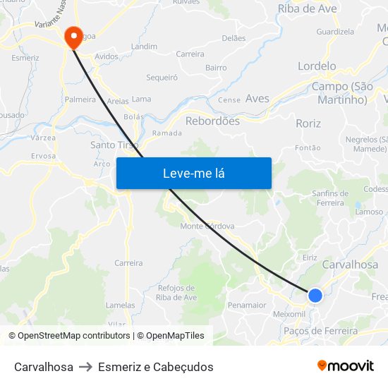 Carvalhosa to Esmeriz e Cabeçudos map