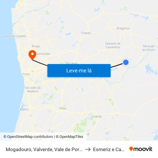 Mogadouro, Valverde, Vale de Porco e Vilar de Rei to Esmeriz e Cabeçudos map