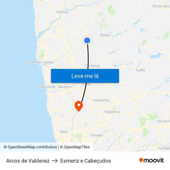 Arcos de Valdevez to Esmeriz e Cabeçudos map