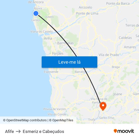 Afife to Esmeriz e Cabeçudos map