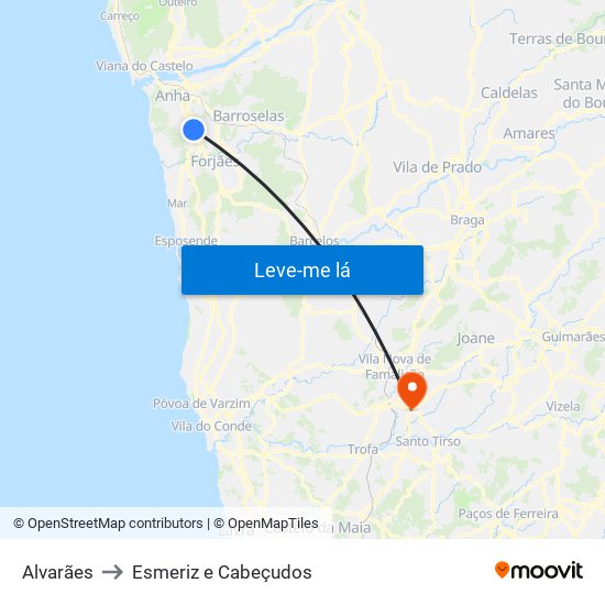 Alvarães to Esmeriz e Cabeçudos map