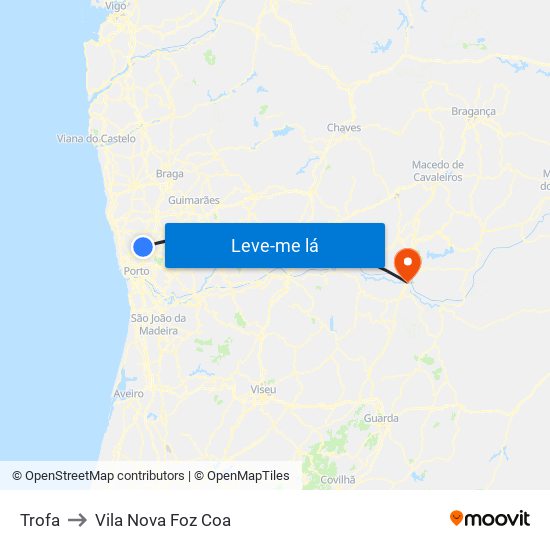 Trofa to Vila Nova Foz Coa map