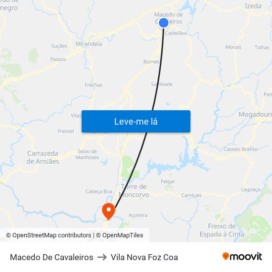 Macedo De Cavaleiros to Vila Nova Foz Coa map