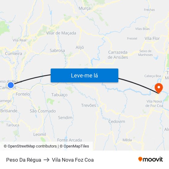 Peso Da Régua to Vila Nova Foz Coa map