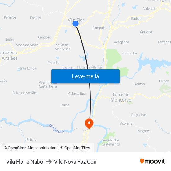 Vila Flor e Nabo to Vila Nova Foz Coa map