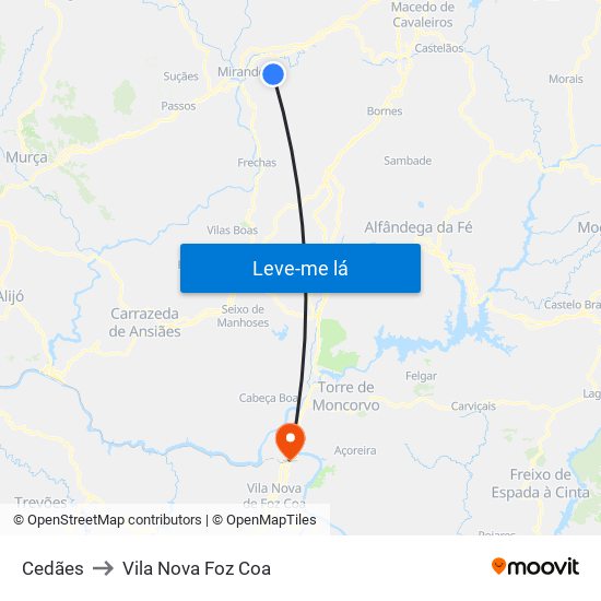 Cedães to Vila Nova Foz Coa map