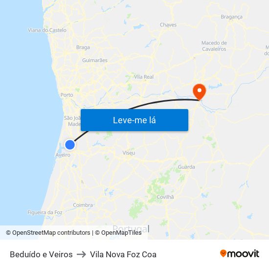 Beduído e Veiros to Vila Nova Foz Coa map