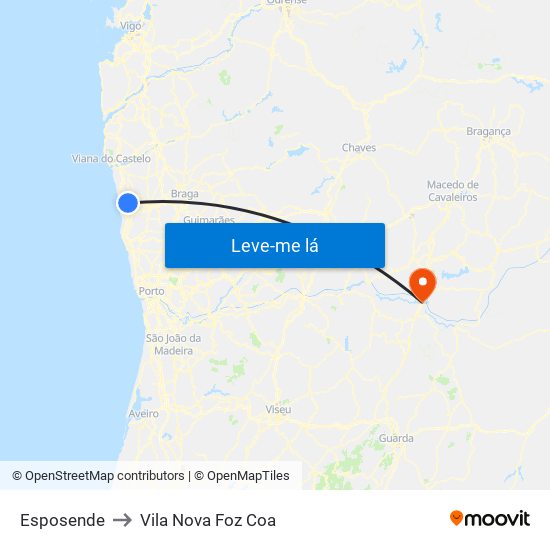 Esposende to Vila Nova Foz Coa map