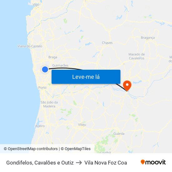 Gondifelos, Cavalões e Outiz to Vila Nova Foz Coa map