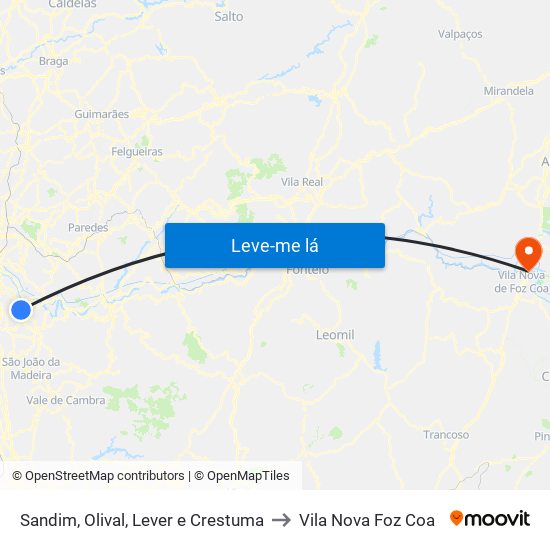 Sandim, Olival, Lever e Crestuma to Vila Nova Foz Coa map