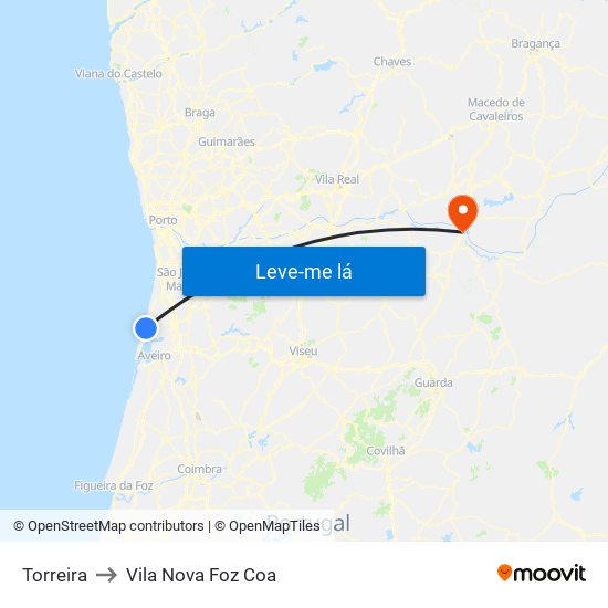 Torreira to Vila Nova Foz Coa map