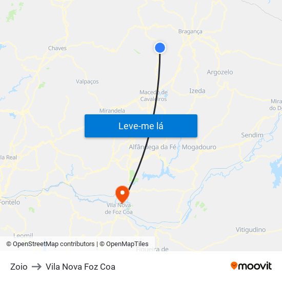 Zoio to Vila Nova Foz Coa map