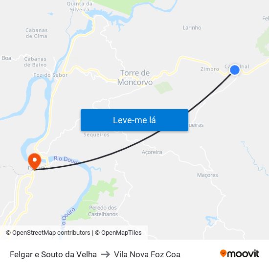 Felgar e Souto da Velha to Vila Nova Foz Coa map