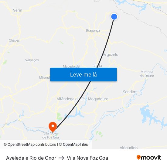 Aveleda e Rio de Onor to Vila Nova Foz Coa map