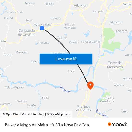 Belver e Mogo de Malta to Vila Nova Foz Coa map