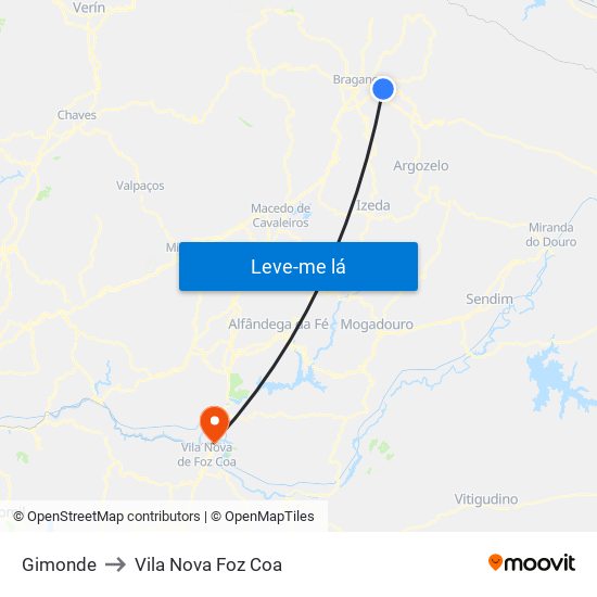 Gimonde to Vila Nova Foz Coa map