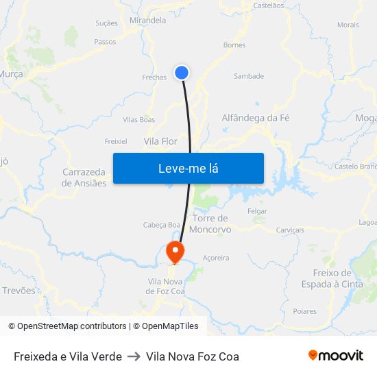 Freixeda e Vila Verde to Vila Nova Foz Coa map