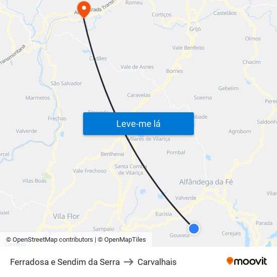 Ferradosa e Sendim da Serra to Carvalhais map