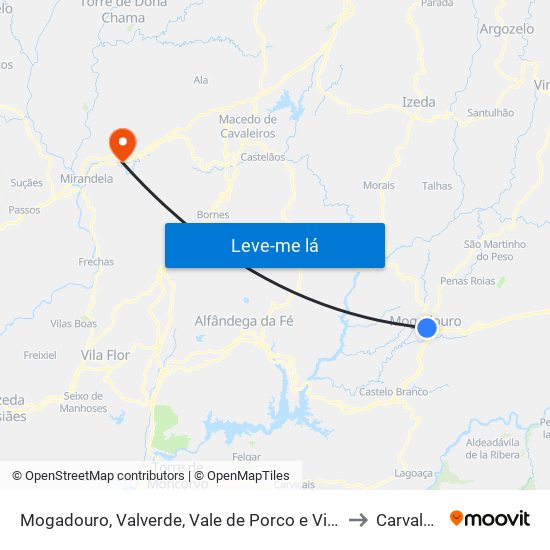 Mogadouro, Valverde, Vale de Porco e Vilar de Rei to Carvalhais map