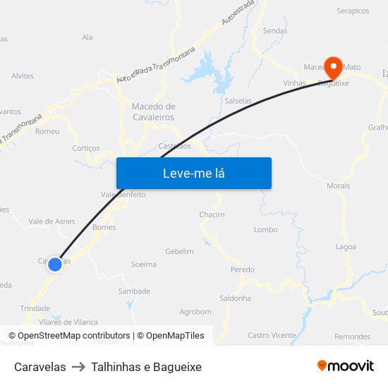 Caravelas to Talhinhas e Bagueixe map