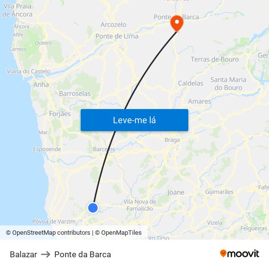 Balazar to Ponte da Barca map