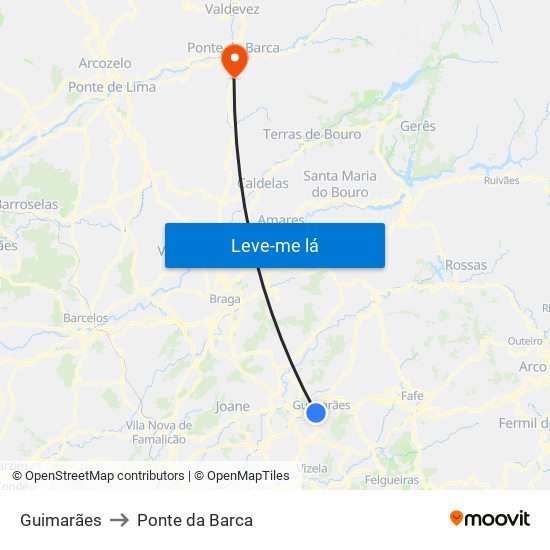 Guimarães to Ponte da Barca map