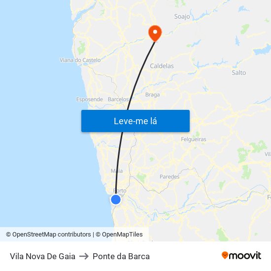 Vila Nova De Gaia to Ponte da Barca map