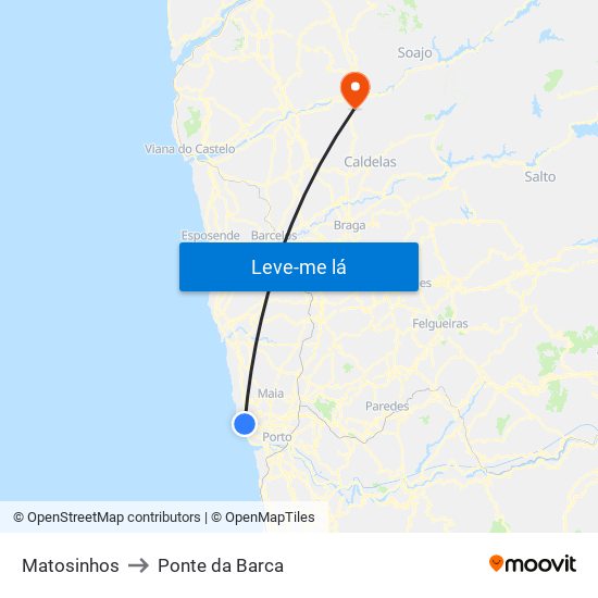 Matosinhos to Ponte da Barca map