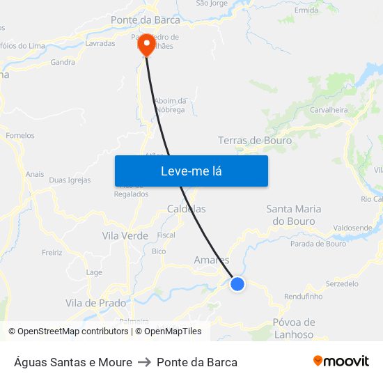 Águas Santas e Moure to Ponte da Barca map