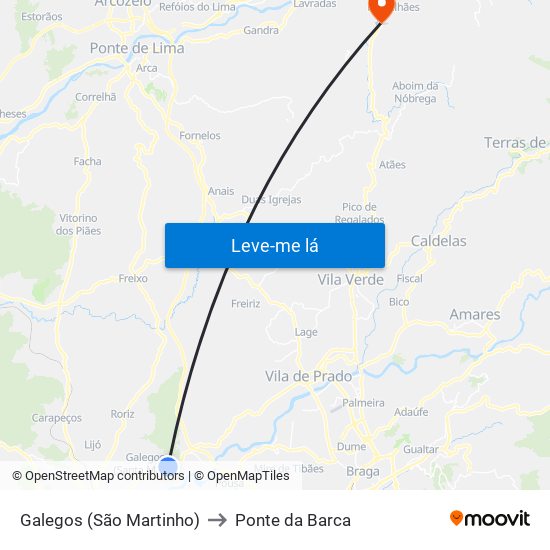 Galegos (São Martinho) to Ponte da Barca map