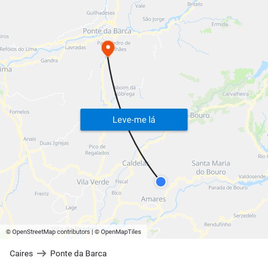 Caires to Ponte da Barca map