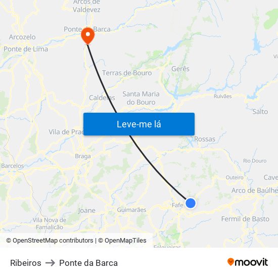 Ribeiros to Ponte da Barca map