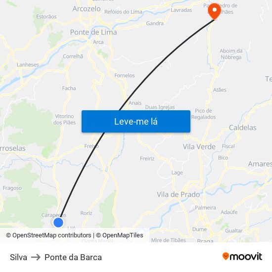 Silva to Ponte da Barca map