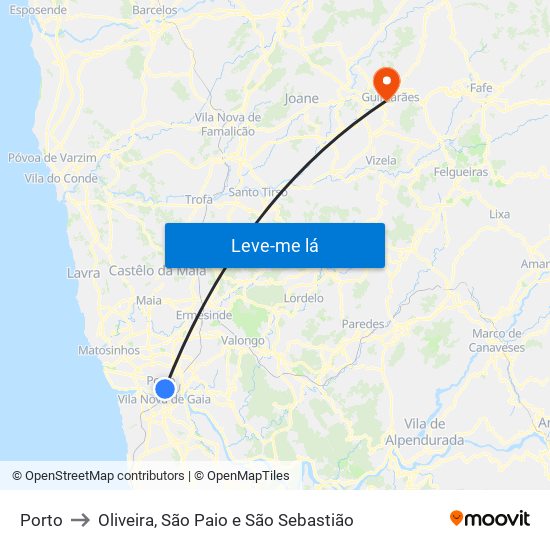 Porto to Oliveira, São Paio e São Sebastião map
