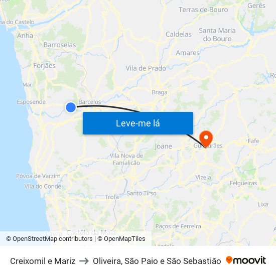 Creixomil e Mariz to Oliveira, São Paio e São Sebastião map