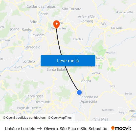 Unhão e Lordelo to Oliveira, São Paio e São Sebastião map