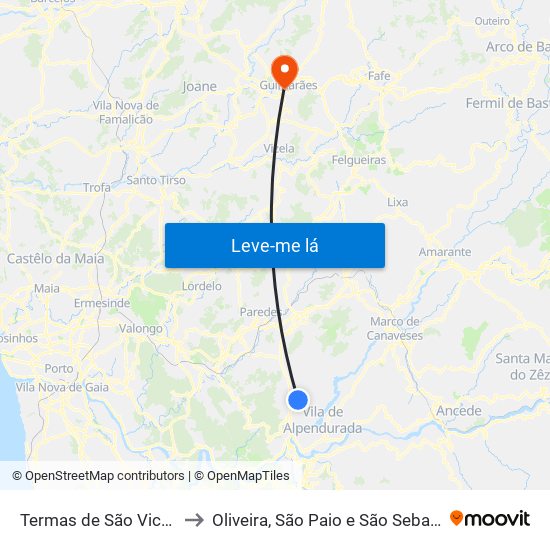 Termas de São Vicente to Oliveira, São Paio e São Sebastião map