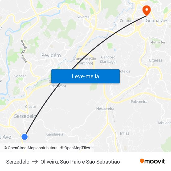 Serzedelo to Oliveira, São Paio e São Sebastião map