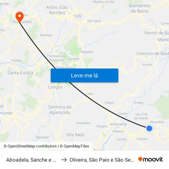 Aboadela, Sanche e Várzea to Oliveira, São Paio e São Sebastião map