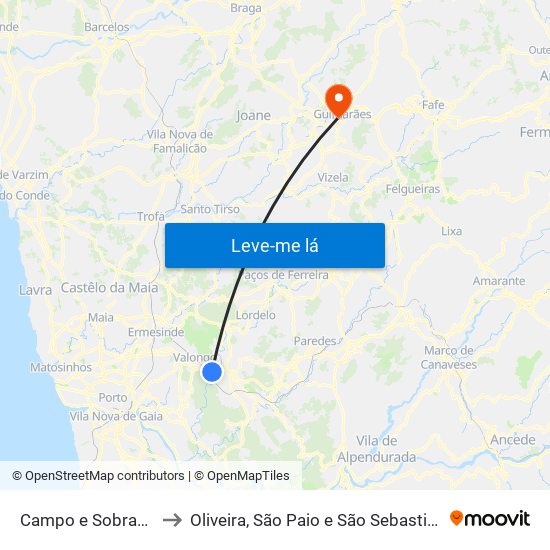 Campo e Sobrado to Oliveira, São Paio e São Sebastião map
