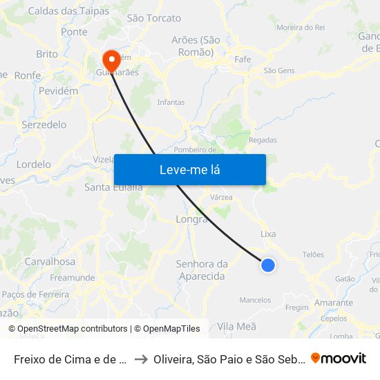 Freixo de Cima e de Baixo to Oliveira, São Paio e São Sebastião map