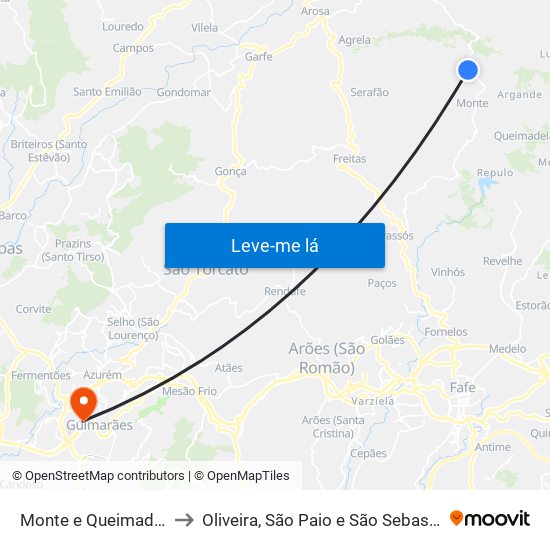 Monte e Queimadela to Oliveira, São Paio e São Sebastião map