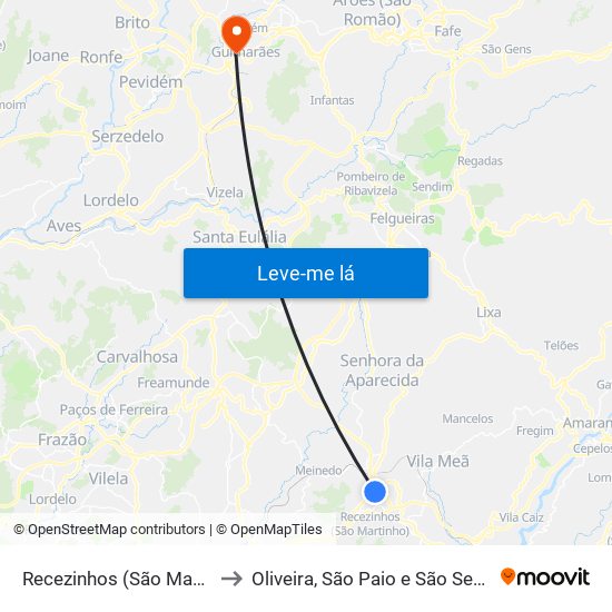 Recezinhos (São Mamede) to Oliveira, São Paio e São Sebastião map