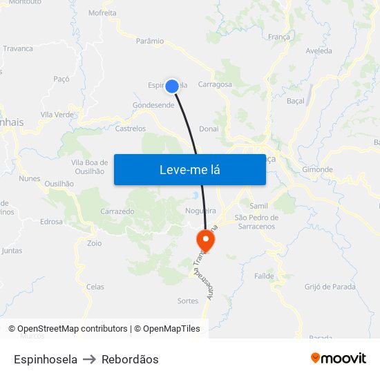 Espinhosela to Rebordãos map