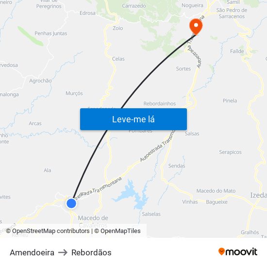 Amendoeira to Rebordãos map