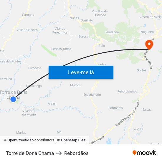 Torre de Dona Chama to Rebordãos map