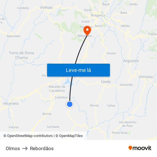 Olmos to Rebordãos map